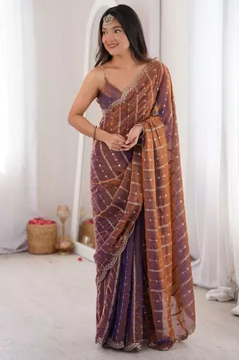 Wine color silk blend embroidered work saree with un-stitched blouse