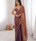 Wine color silk blend embroidered work saree with un-stitched blouse