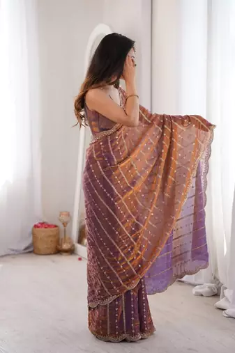 Wine color silk blend embroidered work saree with un-stitched blouse