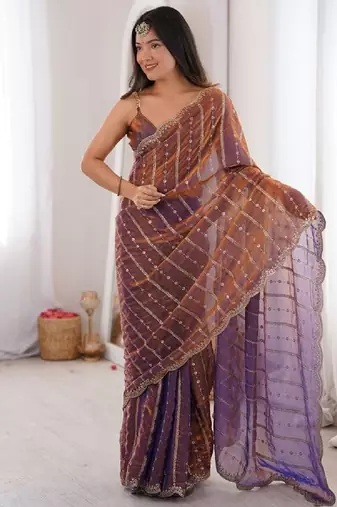 Wine color silk blend embroidered work saree with un-stitched blouse