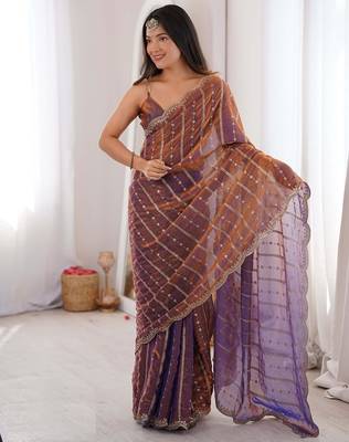 Wine color silk blend embroidered work saree with un-stitched blouse 4