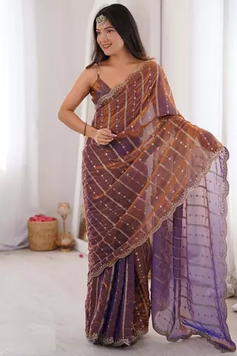 Wine color silk blend embroidered work saree with un-stitched blouse