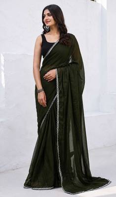 Mehendi color star georgette pre-draped saree with un-stitched blouse 1