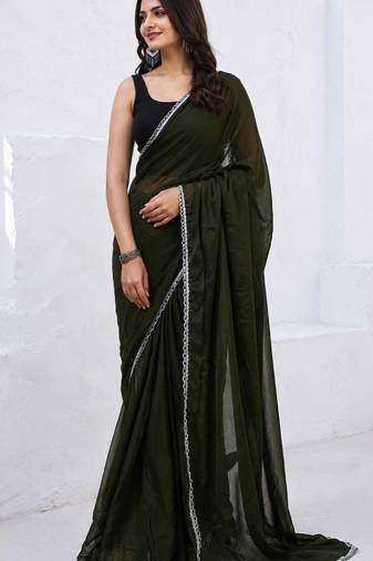 Mehendi color star georgette pre-draped saree with un-stitched blouse