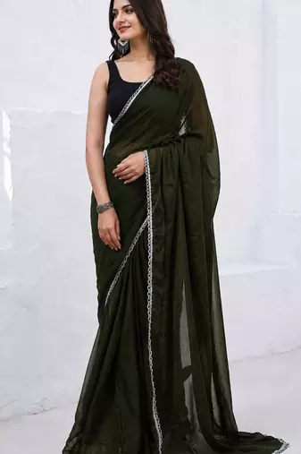Mehendi color star georgette pre-draped saree with un-stitched blouse