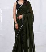 Mehendi color star georgette pre-draped saree with un-stitched blouse