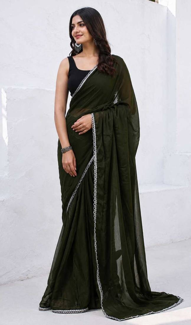 Mehendi color star georgette pre-draped saree with un-stitched blouse