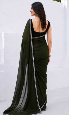 Mehendi color star georgette pre-draped saree with un-stitched blouse 2