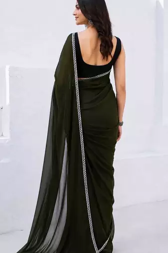 Mehendi color star georgette pre-draped saree with un-stitched blouse