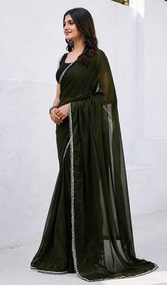 Mehendi color star georgette pre-draped saree with un-stitched blouse 3