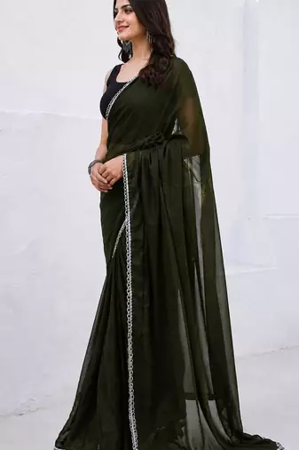 Mehendi color star georgette pre-draped saree with un-stitched blouse