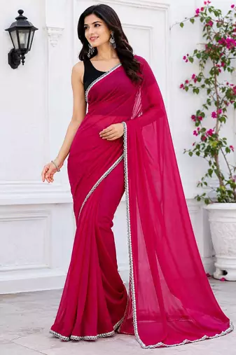 Pink color star georgette pre-draped saree with un-stitched blouse