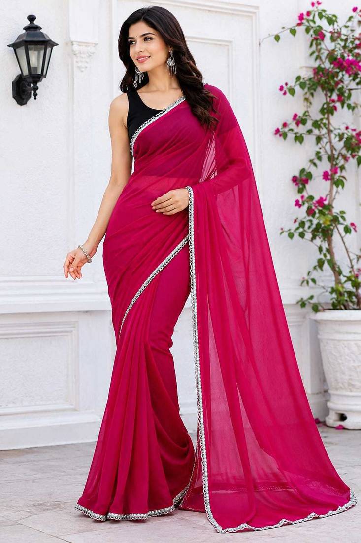 Pink color star georgette pre-draped saree with un-stitched blouse