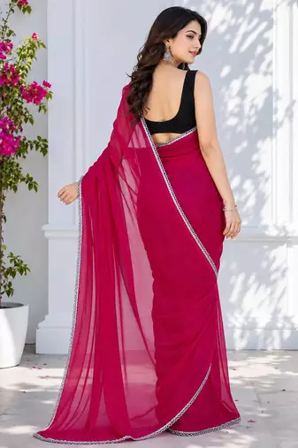Pink color star georgette pre-draped saree with un-stitched blouse