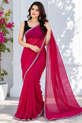 Pink color star georgette pre-draped saree with un-stitched blouse 3