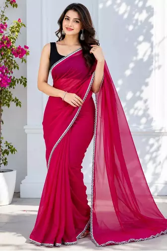 Pink color star georgette pre-draped saree with un-stitched blouse