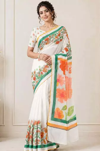 White color linen cotton digital printed saree with un-stitched blouse