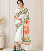 White color linen cotton digital printed saree with un-stitched blouse