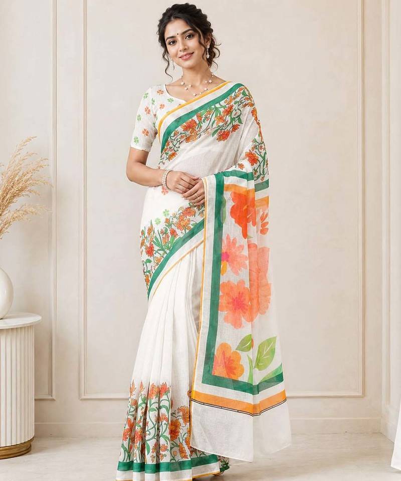 White color linen cotton digital printed saree with un-stitched blouse