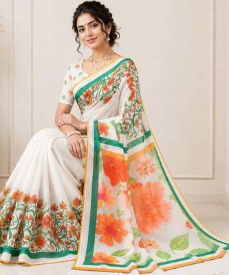 White color linen cotton digital printed saree with un-stitched blouse 2