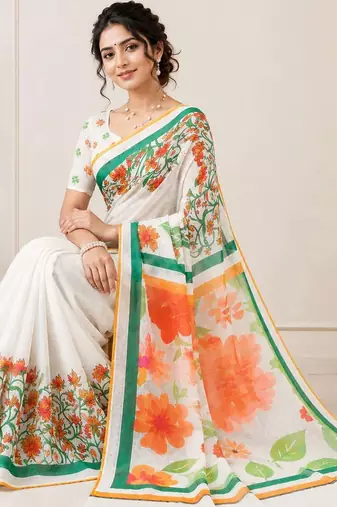 White color linen cotton digital printed saree with un-stitched blouse