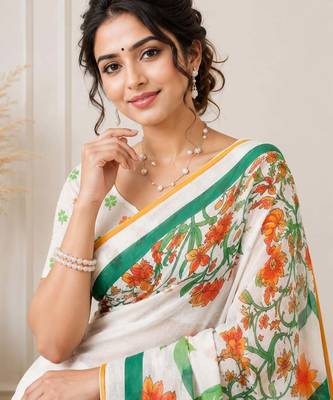 White color linen cotton digital printed saree with un-stitched blouse 3