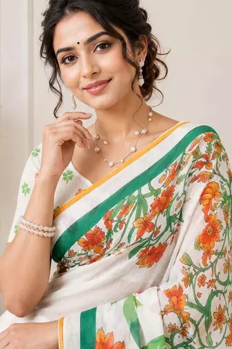 White color linen cotton digital printed saree with un-stitched blouse