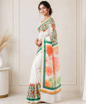 White color linen cotton digital printed saree with un-stitched blouse 4