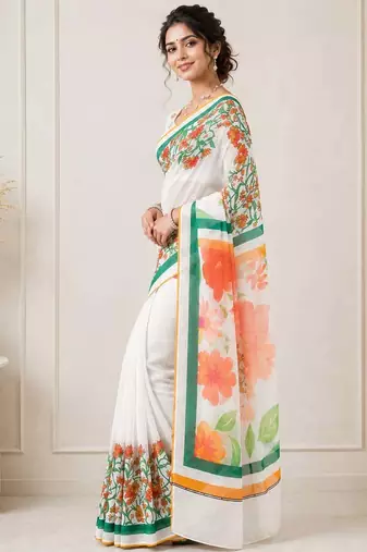 White color linen cotton digital printed saree with un-stitched blouse
