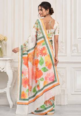 White color linen cotton digital printed saree with un-stitched blouse 5