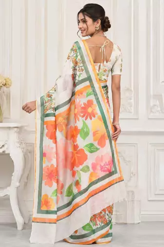 White color linen cotton digital printed saree with un-stitched blouse