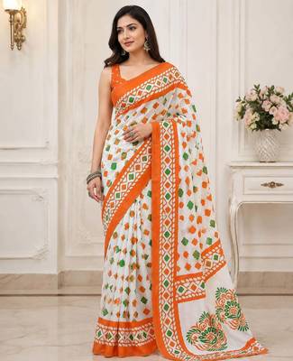 White color linen cotton digital printed saree with un-stitched blouse 1
