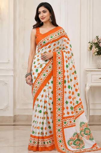 White color linen cotton digital printed saree with un-stitched blouse