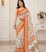 White color linen cotton digital printed saree with un-stitched blouse