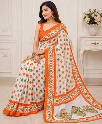 White color linen cotton digital printed saree with un-stitched blouse 2