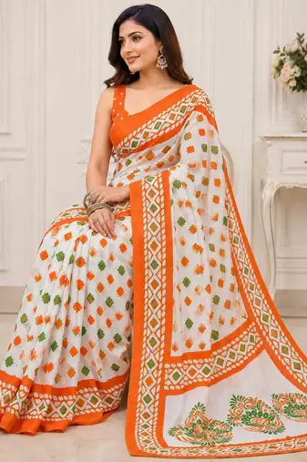 White color linen cotton digital printed saree with un-stitched blouse