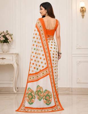 White color linen cotton digital printed saree with un-stitched blouse 3