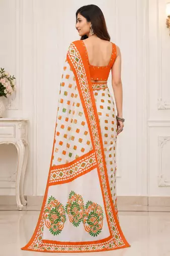 White color linen cotton digital printed saree with un-stitched blouse