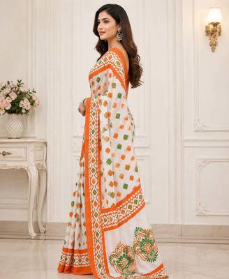 White color linen cotton digital printed saree with un-stitched blouse 4
