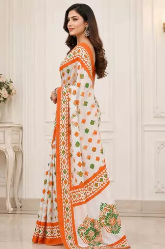 White color linen cotton digital printed saree with un-stitched blouse