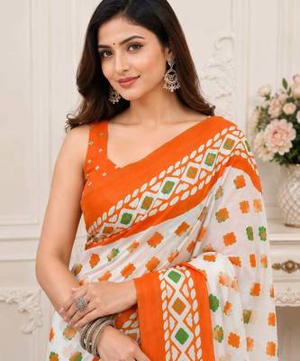 White color linen cotton digital printed saree with un-stitched blouse 5