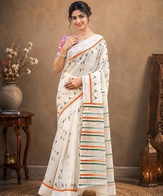 White color linen cotton digital printed saree with un-stitched blouse 1