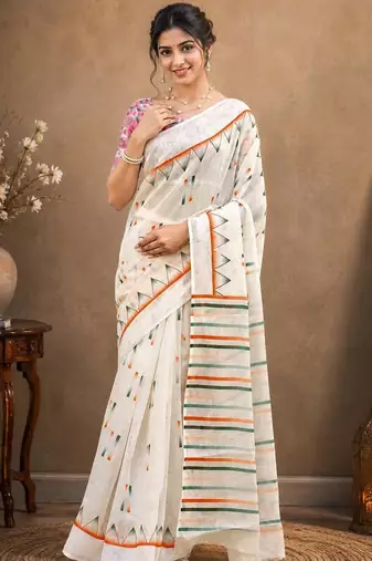 White color linen cotton digital printed saree with un-stitched blouse