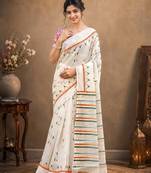 White color linen cotton digital printed saree with un-stitched blouse