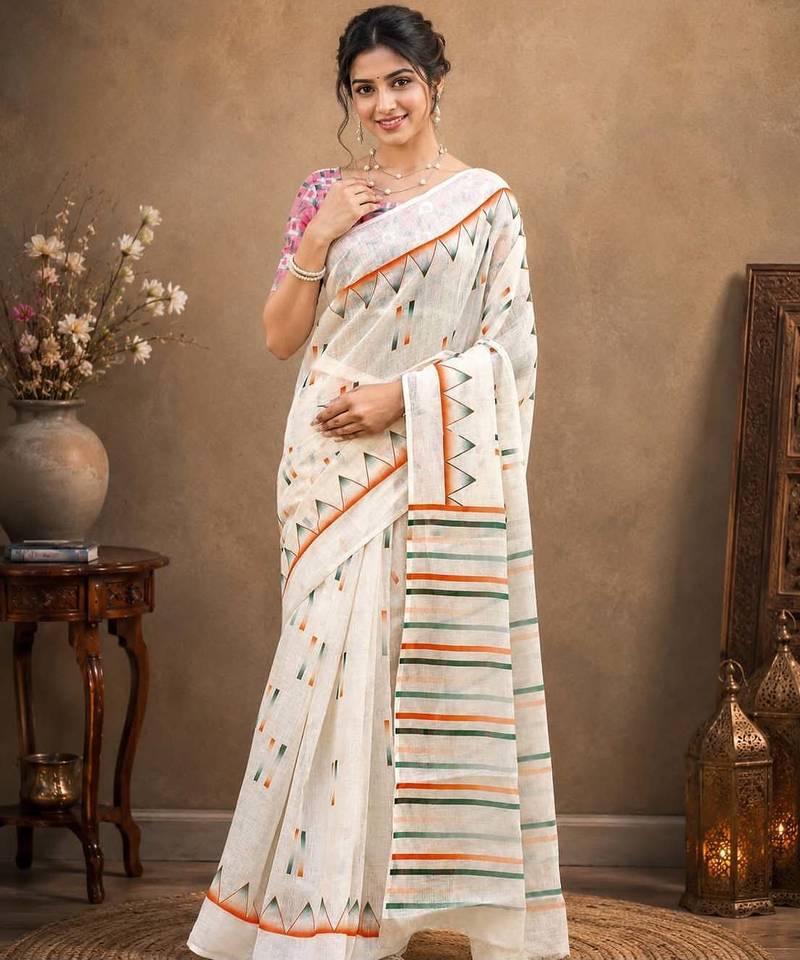 White color linen cotton digital printed saree with un-stitched blouse