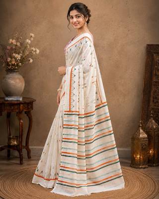 White color linen cotton digital printed saree with un-stitched blouse 2