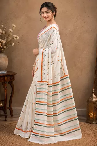 White color linen cotton digital printed saree with un-stitched blouse