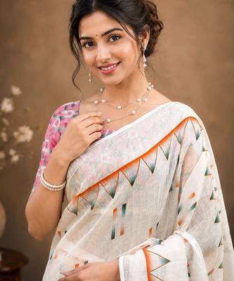 White color linen cotton digital printed saree with un-stitched blouse 3