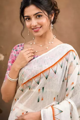 White color linen cotton digital printed saree with un-stitched blouse