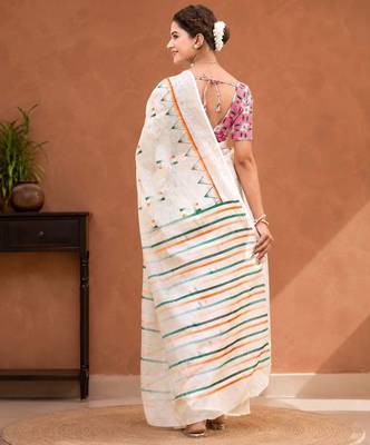 White color linen cotton digital printed saree with un-stitched blouse 4